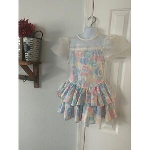 Vintage Amy Too! Kids Floral Dress Size 7 Puff Sleeve Tiered Ruffle Tea Party